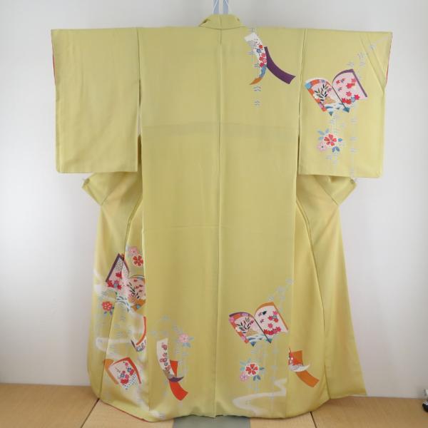 付下げ 袷 辛子色ｘオレンジ色ｘ多色 冊紙に熨斗と花々紋様 広衿 正絹 仕立て上がり着物 身丈157...