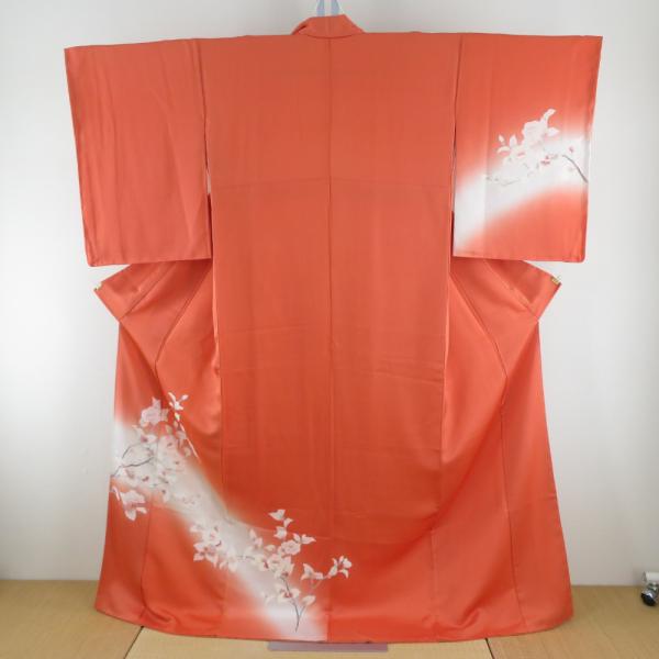 付下げ 袷 オレンジ色ｘ白色 ぼかし染め 刺繍入り 花紋様 広衿 正絹 仕立て上がり着物 身丈167...
