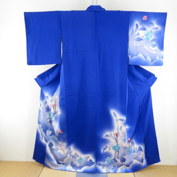 付下げ 袷 青色ｘピンク色 ぼかし染め 花々紋様 広衿 正絹 仕立て上がり着物 身丈156cm