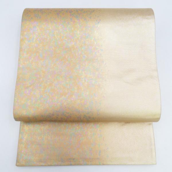 袋帯 金糸 ゴールド系 薄オレンジ色ｘ多色 パステル系 サーモンオレンジ 箔紋様 六通柄 正絹 仕立...