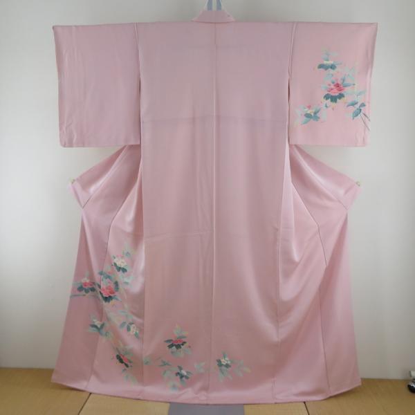 付下げ 袷 ピンク系 パステル系 ピンク色ｘ薄緑色ｘ黄色 加賀友禅調 花紋様 広衿 正絹 仕立て上が...