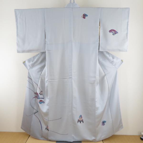 付下げ 袷 グレーぼかし ぼかし染め ブルー系 灰色ｘ青紫色ｘ多色 お道具紋様 広衿 正絹 仕立て上...