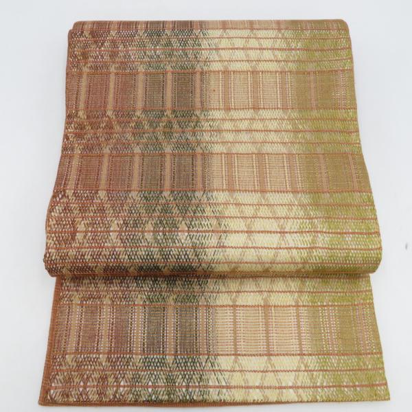 袋帯 洒落袋帯 組織 幾何学模様 金糸 茶色系 深緑色ｘ薄茶色 六通柄 正絹 仕立て上がり 着物帯 ...