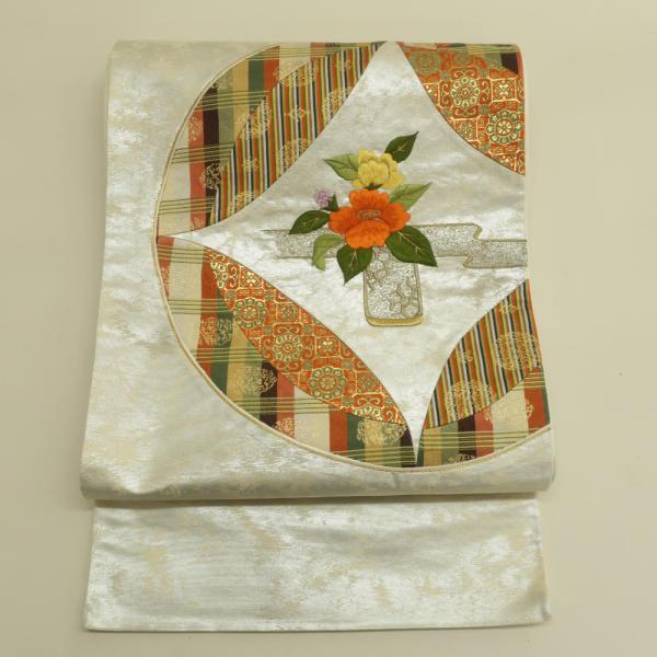 袋帯 銀糸金糸 銀色ｘオレンジ色ｘ多色 お太鼓柄 丸に花瓶紋様 正絹 仕立て上がり 長さ420cm