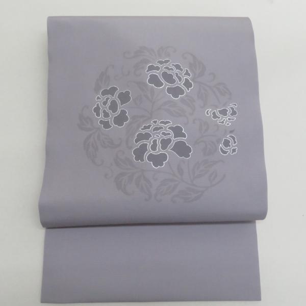 名古屋帯 正絹 塩瀬 紫色ｘ銀色 華紋紋様 お太鼓柄 カジュアル 仕立て上がり 着物帯 長さ364c...