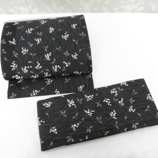 名古屋帯 作り帯 名古屋帯 黒地 実・葉柄 正絹 分離型 モノトーン ワンタッチ名古屋帯 未使用品