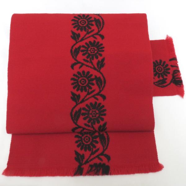 名古屋帯 ウール 本場 筑前博多織 赤地 赤×黒 花模様 全通柄 純毛 ニッケ うーる帯 カジュアル...