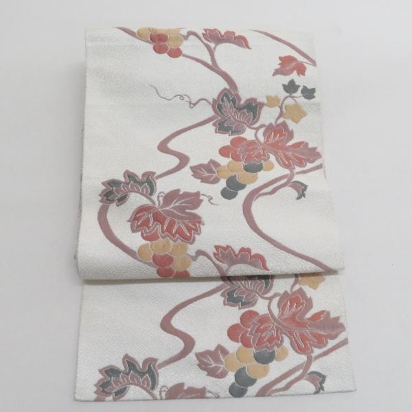 名古屋帯 八寸帯 カジュアル 正絹 白色ｘ薄茶色ｘ薄緑色 葡萄紋様 六通柄 カジュアル 仕立て上がり...