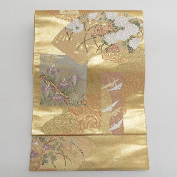 袋帯 正絹 ゴールド系 金色ｘ多色 琳派文様 六通柄 フォーマル 仕立て上がり 着物帯 長さ440c...