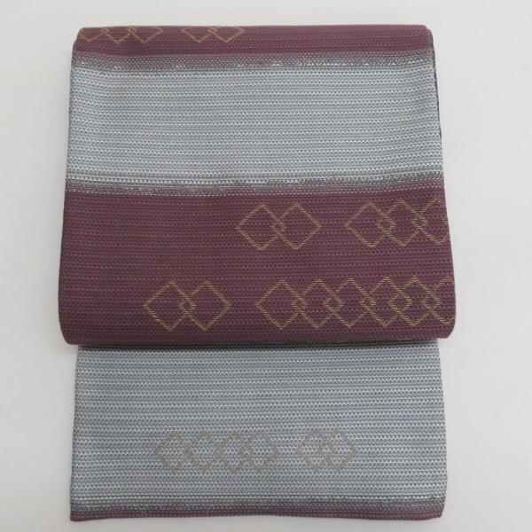 袋帯 正絹 洒落袋帯 四角つなぎ紋様 小豆色ｘ灰色 六通柄 仕立て上がり 着物帯 長さ448cm