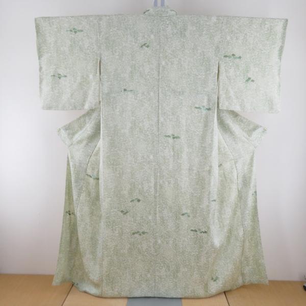 小紋 袷 薄緑色ｘ白色 植物模様 染め模様 身巾ゆったりサイズ 正絹 広衿 仕立て上がり着物 身丈1...