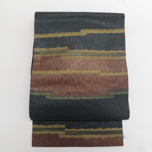 名古屋帯 正絹 深緑色ｘ茶色 六通柄 波紋様 カジュアル 仕立て上がり 着物帯 長さ348cm