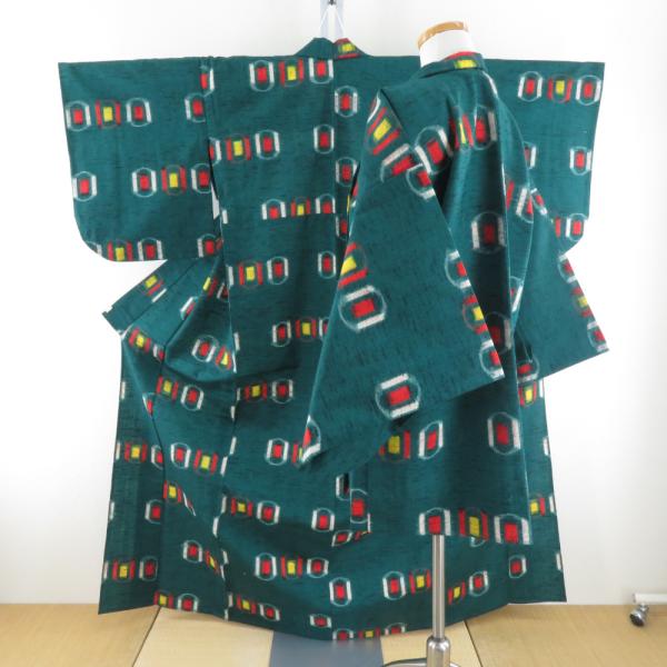 ウール着物 アンサンブル 着物と羽織2点セット 単衣 緑色ｘ赤色ｘ多色 亀甲模様 バチ衿 カジュアル...