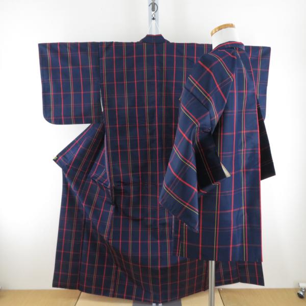 紬 着物 アンサンブル 羽織付 格子模様 袷 バチ衿 紺色ｘ赤色ｘ黄色 正絹 カジュアル 仕立て上が...