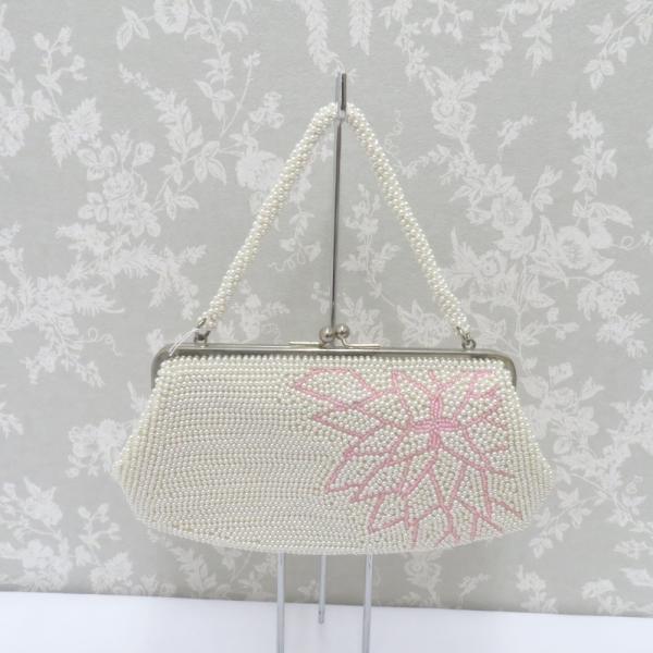 和装バッグ ビーズバッグ  パールバッグ 白系  ホワイト×ピンク 花 ハンドバッグ パーティーバッ...