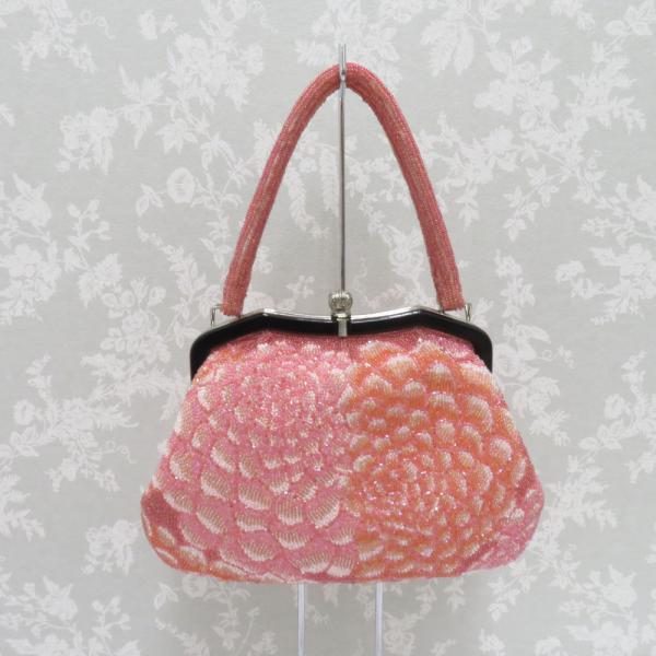 和装バッグ ビーズバッグ  白系  ピンク×オレンジ 花 ハンドバッグ パーティーバッグ レトロ 着...