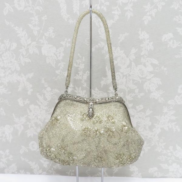 和装バッグ ビーズバッグ  シルバー系・ホワイト 花 ハンドバッグ パーティーバッグ レトロ 着物バ...