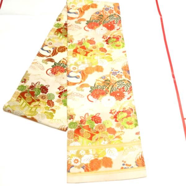 丸帯 アンティーク帯 昔丸帯 絹 ベージュ金×多色 鼓 御所車 鶴 花々文様 全通柄 昔帯 レトロモ...