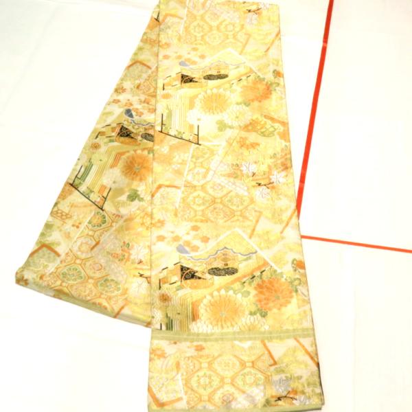 丸帯 アンティーク帯 昔丸帯 絹 ベージュ×多色 冊子 花々文様 全通柄 昔帯 レトロモダン 明治・...