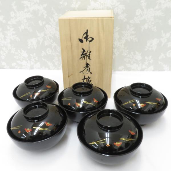 食器 御雑煮椀  蓋付き 黒 梅 松葉 漆器 汁椀 吸物椀 箱有 5客組