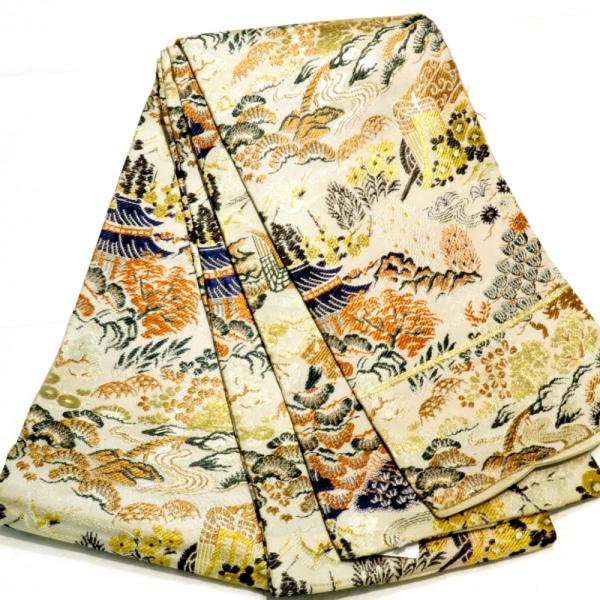 半幅帯 アンティーク 絹 ベージュ×多色 風景 家屋 御所車柄  半巾帯 レトロ 昔帯 カジュアル ...