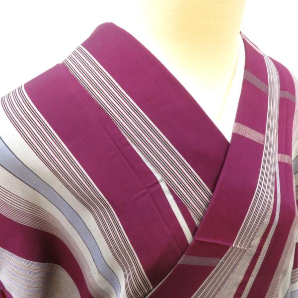 小紋 昔 アンティーク 昔着物 紫グレー黒縞×多色細縞 バチ衿 正絹 昔きもの レトロ 明治・大正ロ...