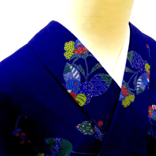 ウール着物 単衣 紺×多色 花蝶柄 バチ衿 カジュアルきもの 普段着物 ウールきもの 仕立て上がり ...