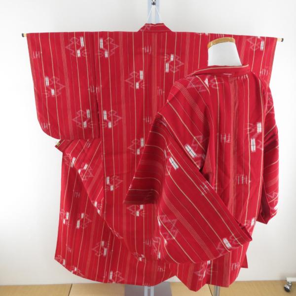 ウール着物 アンサンブル 着物と羽織2点セット 単衣 赤色ｘ黄色 縞に絣と燕模様 バチ衿 小さいサイ...