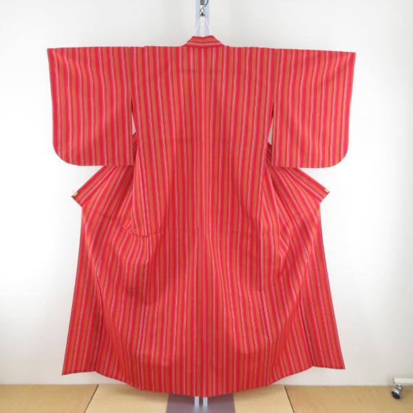 ウール着物 単衣 赤色x黄色ｘ緑色 縦縞模様  居敷当て付き バチ衿 カジュアルきもの 小さいサイズ...