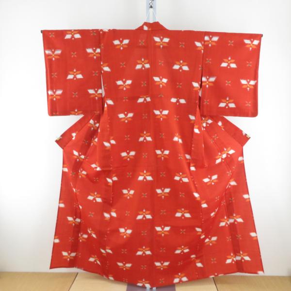 ウール着物 単衣 茶色ｘ黄色 蝶々模様 バチ衿 カジュアルきもの 普段着物 仕立て上がり 身丈156...