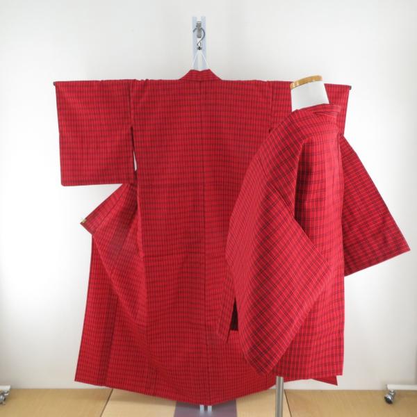 ウール着物 アンサンブル 着物と羽織2点セット 単衣 赤色x黒色 格子模様 バチ衿 カジュアルきもの...