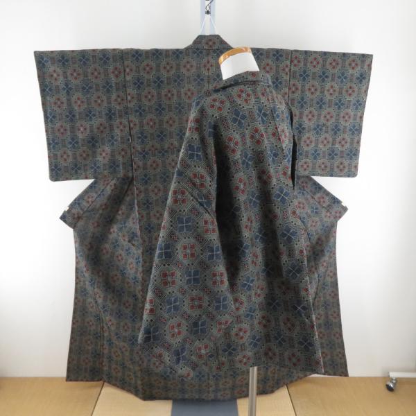 ウール着物 アンサンブル 着物と羽織2点セット 単衣 黒色ｘ灰色ｘ紺色ｘオレンジ色 幾何学模様 バチ...