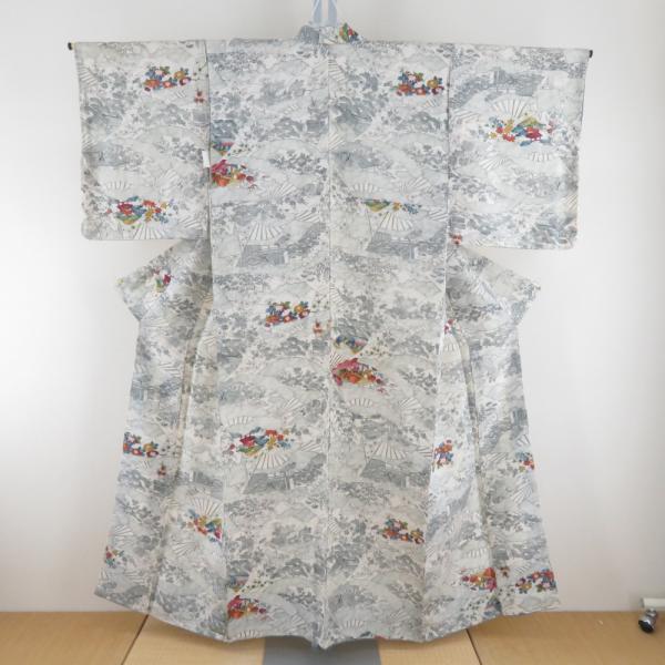 小紋 袷 灰色ｘ白色ｘ多色 雲取りに風景模様 正絹 広衿 仕立て上がり着物 身丈152cm