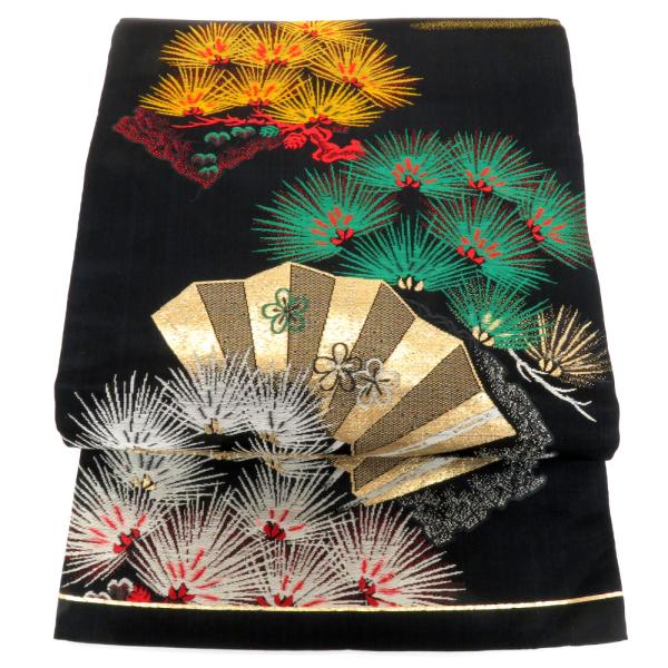 名古屋帯 アンティーク帯 昔名古屋帯 黒×赤緑黄白金 扇 松 レトロ レトロモダン 明治・大正ロマン...