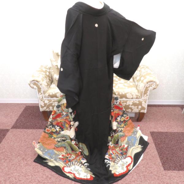 黒留袖 昔黒留袖 アンティーク黒留袖 鶴 松 梅 橘 金雲 刺繍 昔着物 レトロ 明治・大正ロマン ...