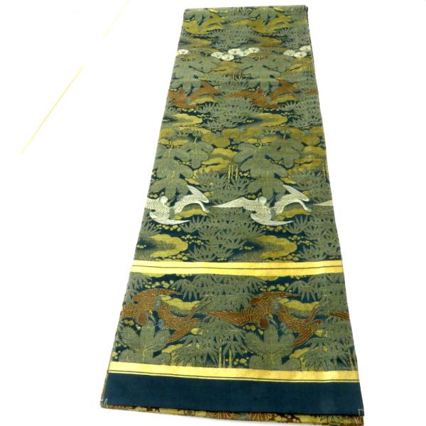 丸帯 アンティーク帯 昔 緑黒茶×金茶白 夫婦鶴 花 雲 全通 昔帯 正絹 レトロモダン 明治・大正...