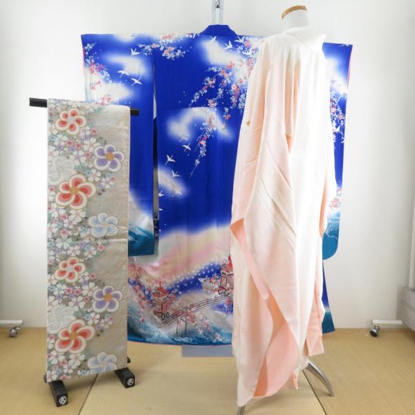 振袖 正絹 3点セット【着物 長襦袢 袋帯】箔入り 青色ｘ白色ｘピンク色ｘ多色 祇園祭鉾文様 仕立て...