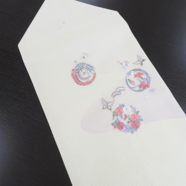 名古屋帯 夏用帯 夏名古屋帯 生成クリーム地 ピンク×ラベンダーカラー×水色 花丸文 蝶柄 仕付け糸...