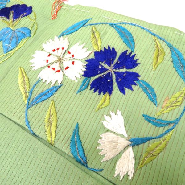 名古屋帯 絽 アンティーク帯 昔名古屋帯 絹 黄緑×多色×金銀 花の丸 刺繍 夏物 昔帯 レトロモダ...