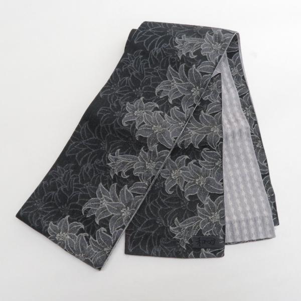 半幅帯 ポリエステル 黒色ｘ灰色 百合に菱型模様 浴衣帯 小袋帯 半巾帯 仕立て上がり