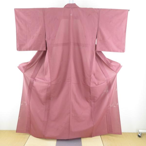 夏着物 正絹 色無地 小豆色 笹地紋柄 紗 広衿 紋入り 一つ紋 下がり藤紋 夏用 仕立て上がり 身...
