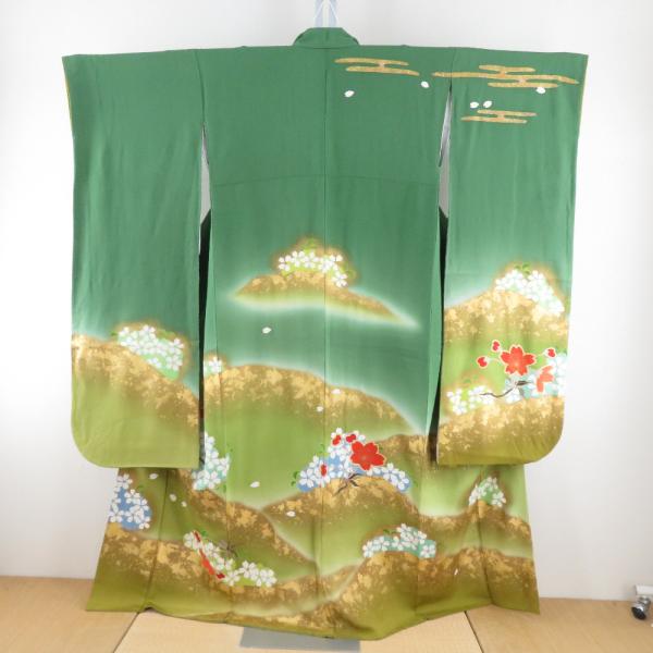 振袖 ポリエステル 緑色ｘ金色ｘ多色 桜文様 広衿 成人式 仕立て上がり 身丈159cm