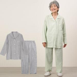 パジャマ レディース シニア 服 80代 70代 60代 高齢者 婦人服 女性 おばあちゃん 母 誕生日 母の日 プレゼント 日本製 綿麻 近江ちぢみ 先染ストライプパジャマ｜cocowaku