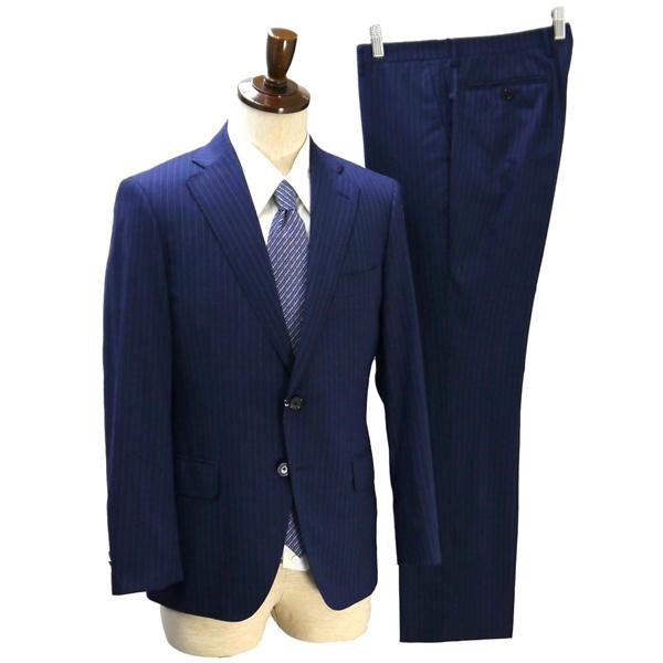 Mr.JUNKO 2つボタン シングルスーツ 袖口4つボタン A4 S ダークネイビー ストライプ ...