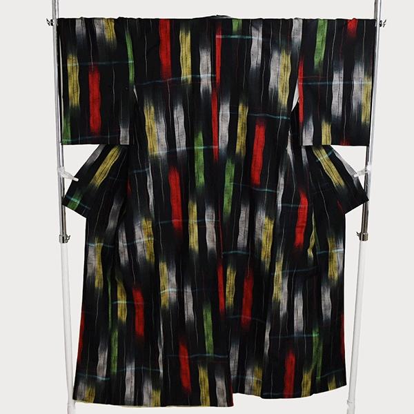 着物 正絹 女性 紬 絣 小紋 袷きもの ダークネイビー 縦縞 身丈159cm 絹100％ 普段着 ...