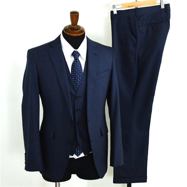 スーツセレクト ３ピース 2つボタン シングルスーツ S Y4 ダークネイビー ストライプ ノータッ...
