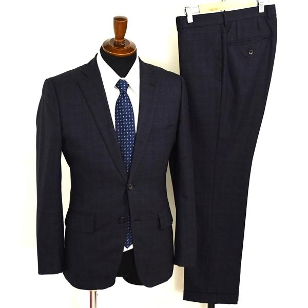 P.S.FA 伊製生地 2つボタン シングルスーツ M Y5 ダークネイビー グレンチェック ノータ...