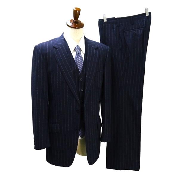 3ピース 2つボタン シングルスーツ 袖口3つボタン BB6 L ダークネイビー 濃紺色 ストライプ...