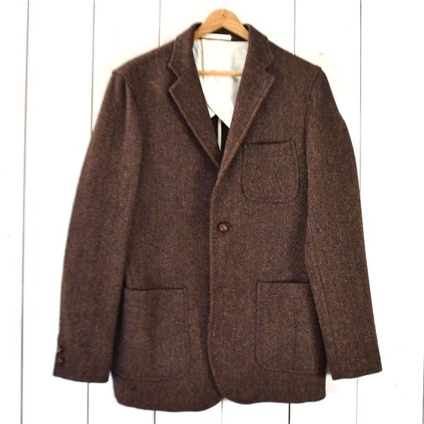 ビームス×ハリスツイード 3つボタン シングル 段返り ツイードジャケット L ブラウン ヘリンボー...