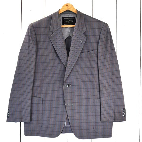ランバン LANVIN 2つボタン シングル ジャケット S グレーベース チェックストライプ 袖口...